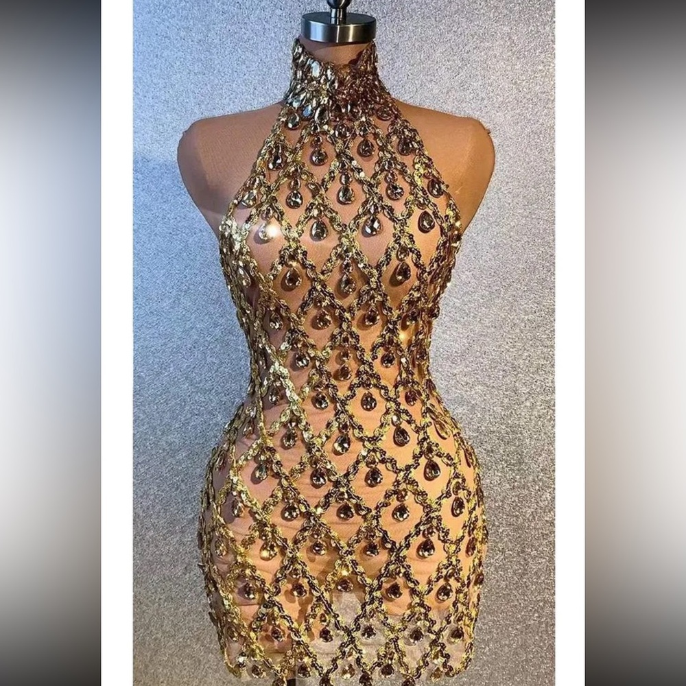 Gold Rhinestone Sheer Birthday Dress.